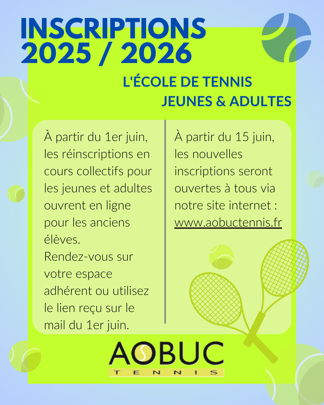 Inscriptions de l'école de Tennis Jeunes et Adultes 2025 / 2026